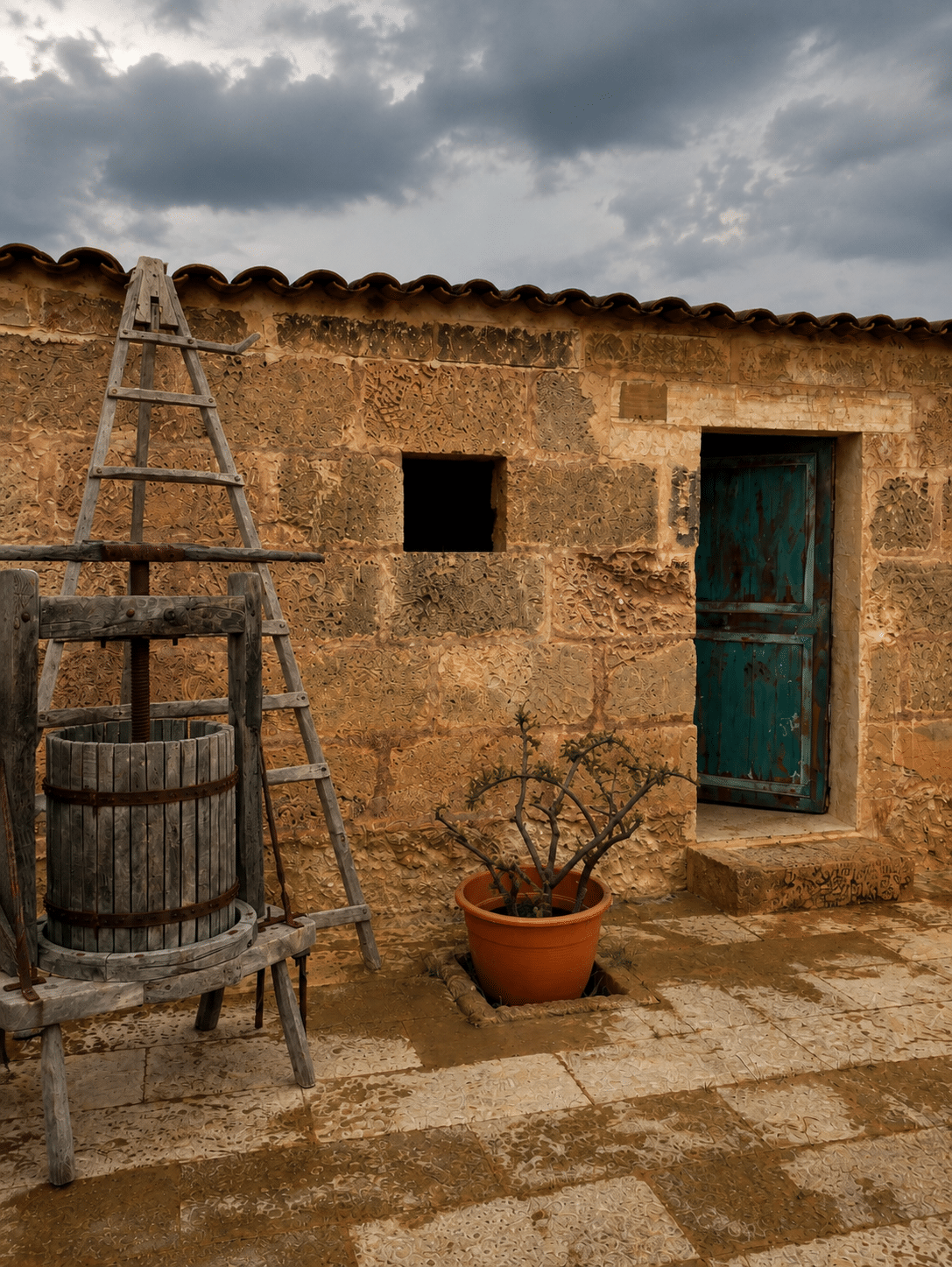 Antigua prensa de vino en Bodega Can Morgan Mallorca